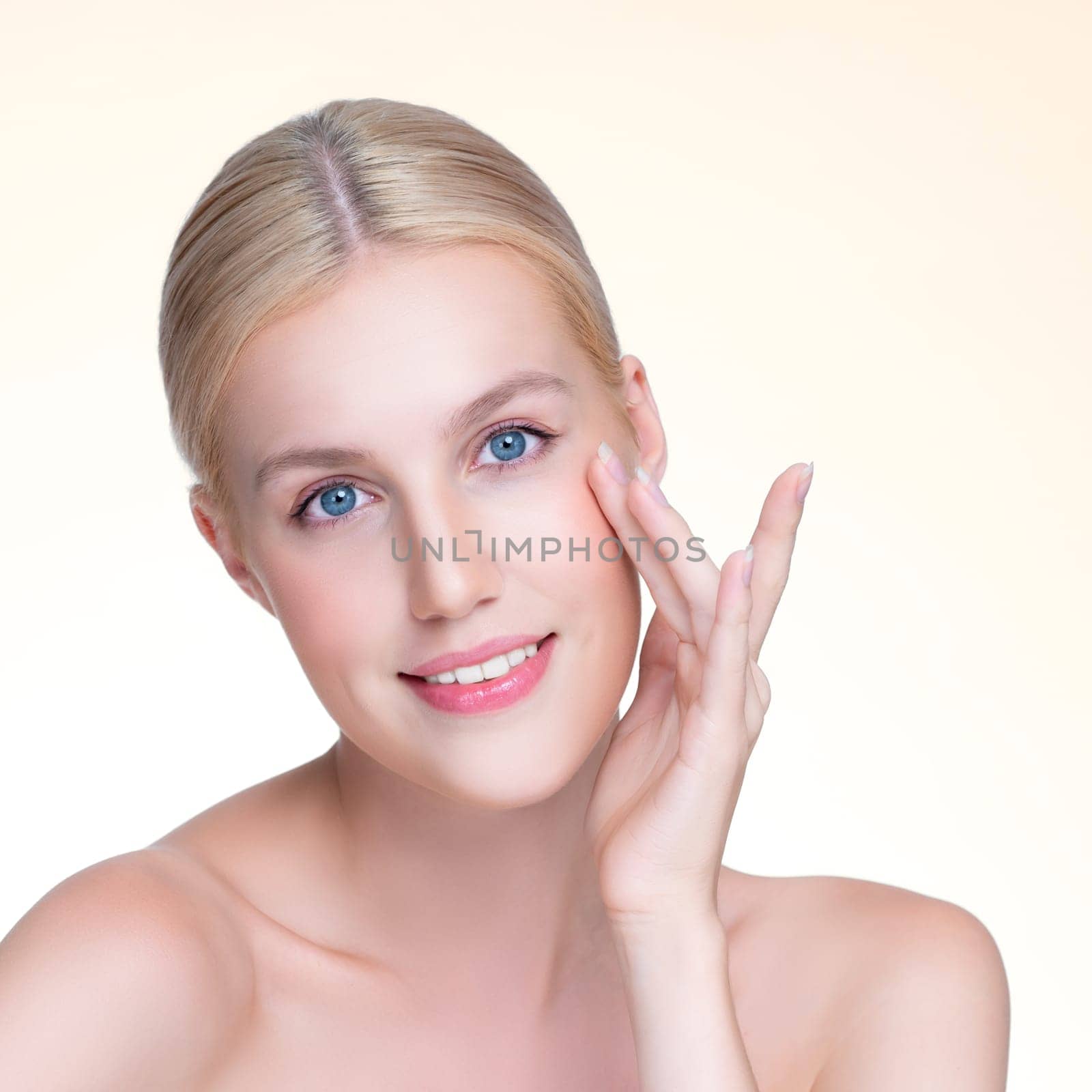 Personable beautiful woman portrait with perfect smooth clean skin and natural makeup portrait in isolated background. Hand gesture with expressive facial expression for beauty model concept.