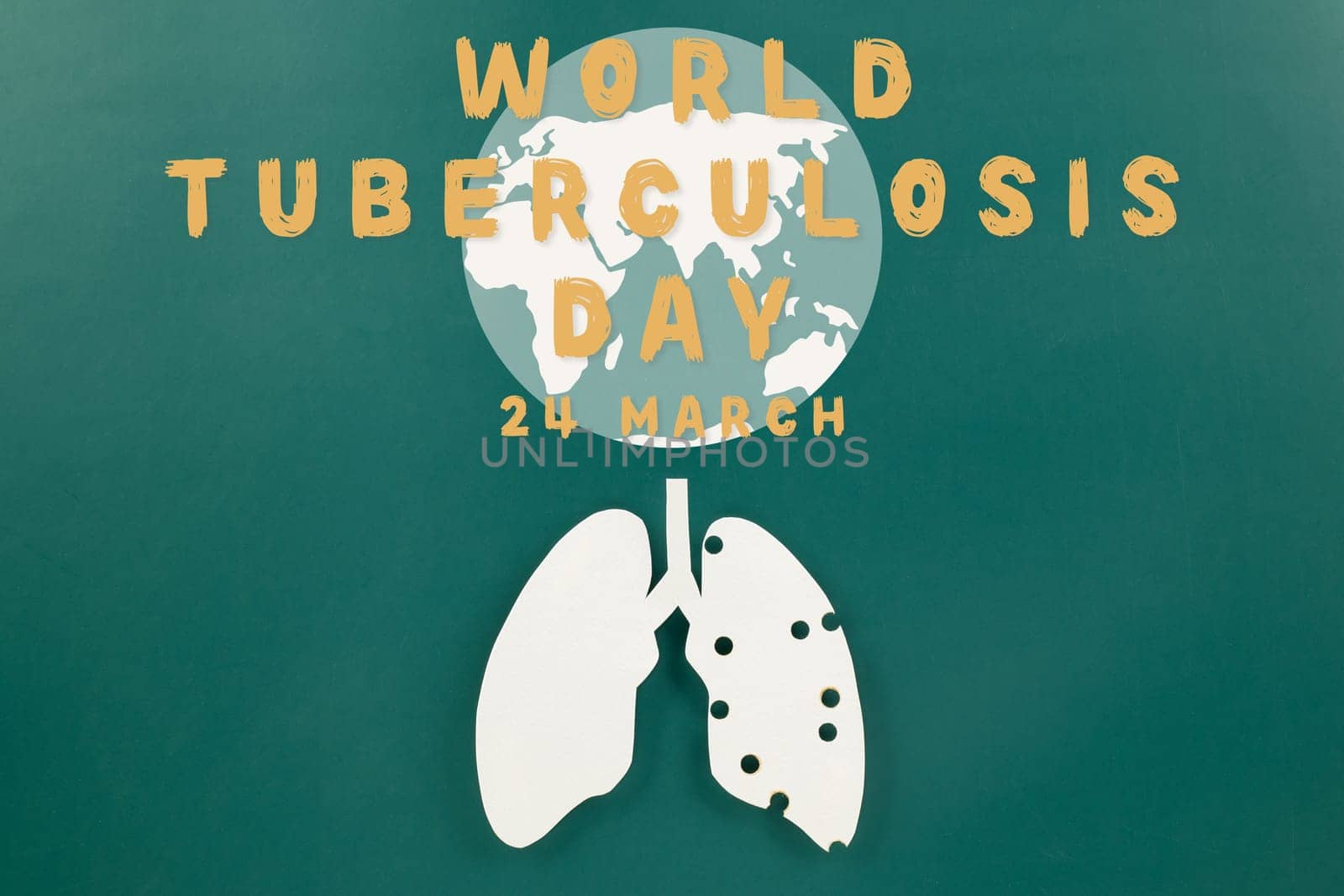 World TB day. Top view Lungs paper decorative symbol on green background, copy space, concept of world tuberculosis day, no tobacco, Medical and healthcare