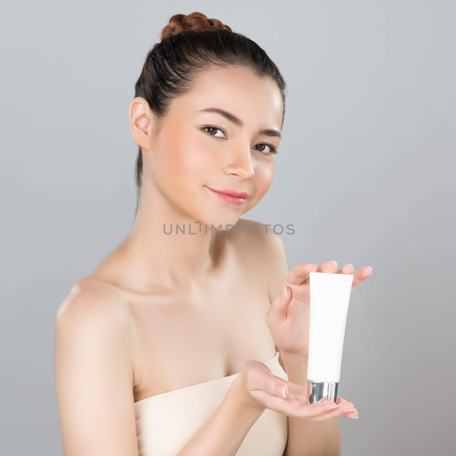 Glamorous beautiful perfect natural cosmetic skin woman portrait hold mockup tub moisturizer cream for skincare treatment, anti-aging product advertisement in isolated background.