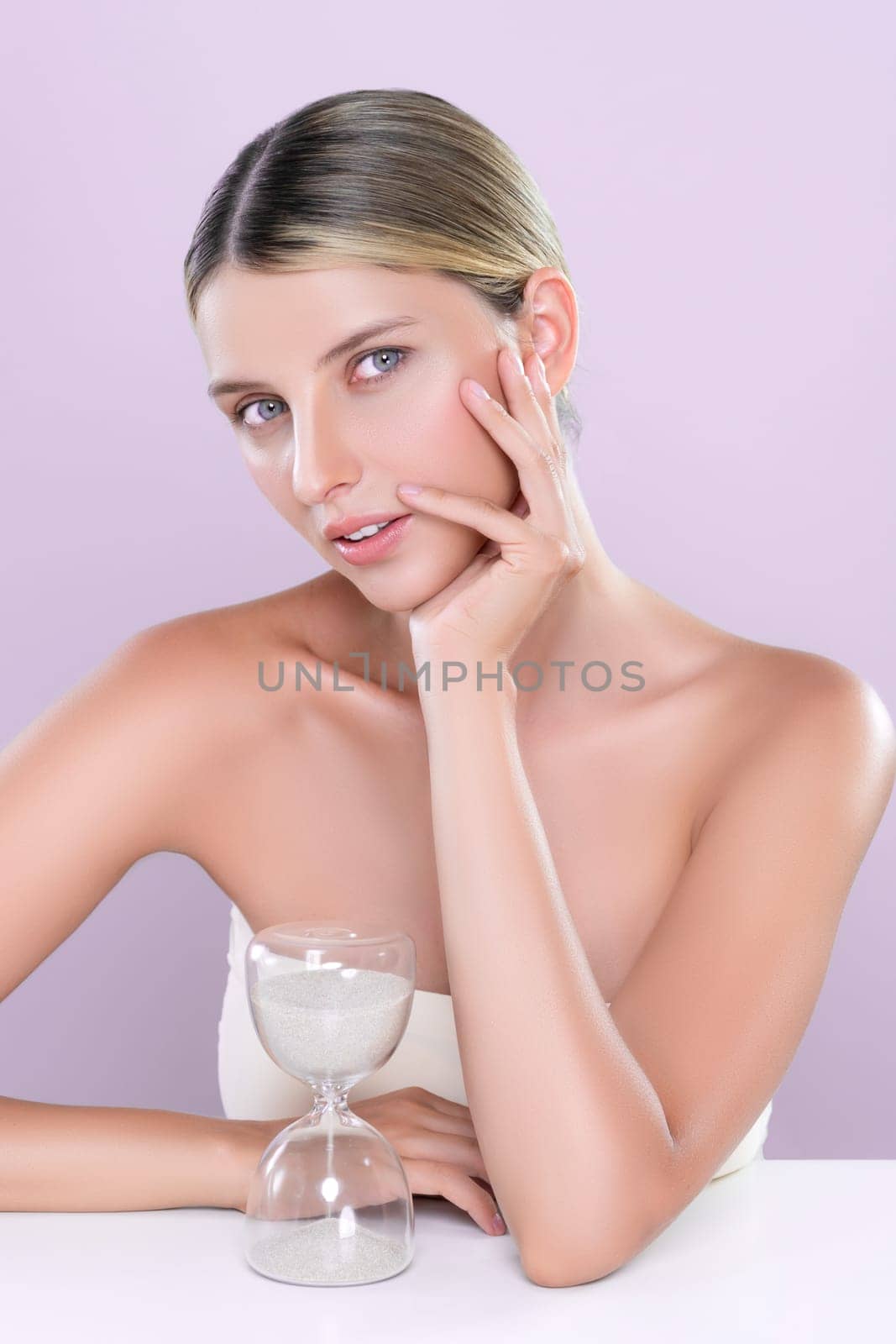 Alluring beautiful woman with hourglass anti-aging as skincare concept by biancoblue
