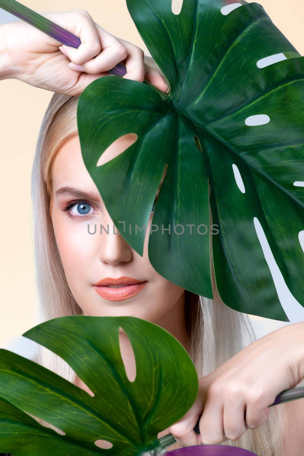 Closeup facial portrait personable woman with perfect smooth makeup holding green monstera leaves and cover her face as natural healthy skincare treatment. Tropical nature and beauty concept