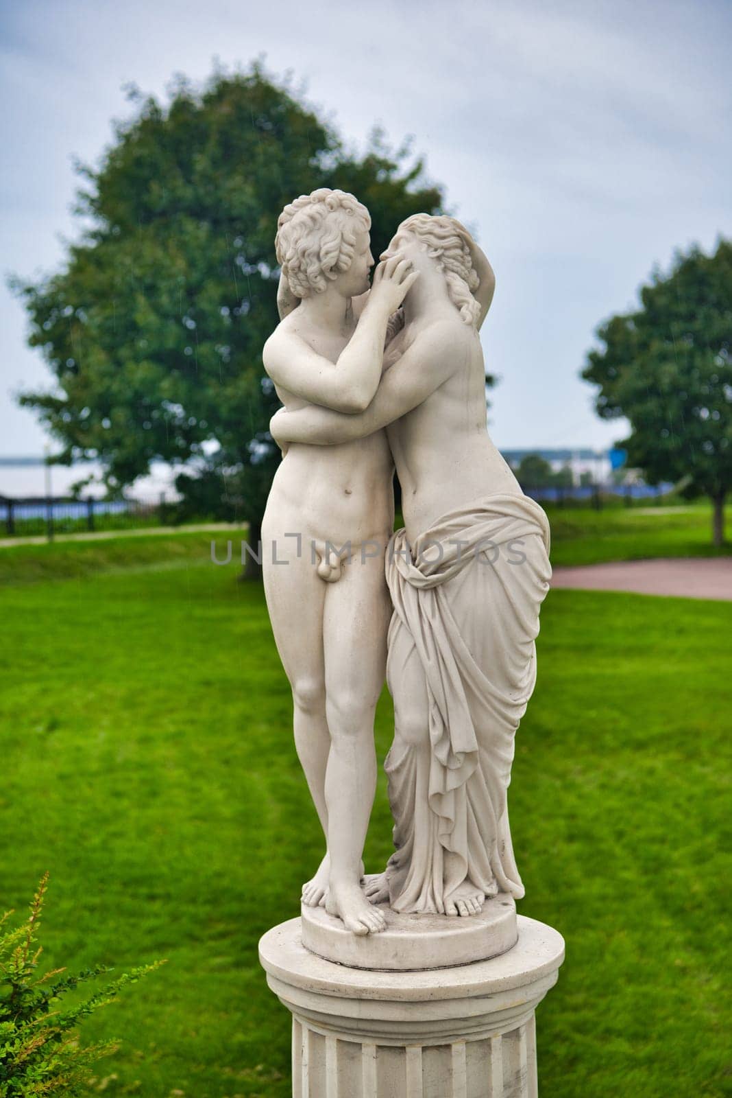 Statue of Cupid and Psyche in Alleya Statuy of Ermitazh-Vyborg, Vyborg, Russia.