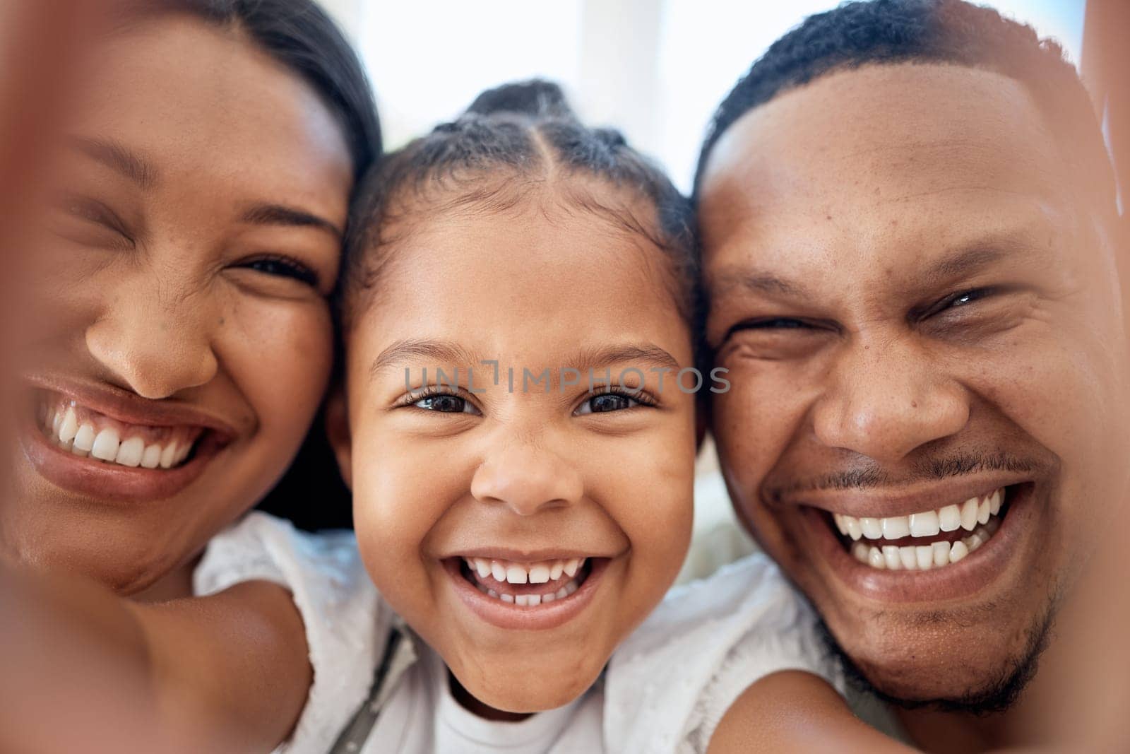 Face, selfie smile and black family in home, bonding and having fun. Love, care and girl, father and mother taking picture for happy memory, social media or online post while enjoying time together