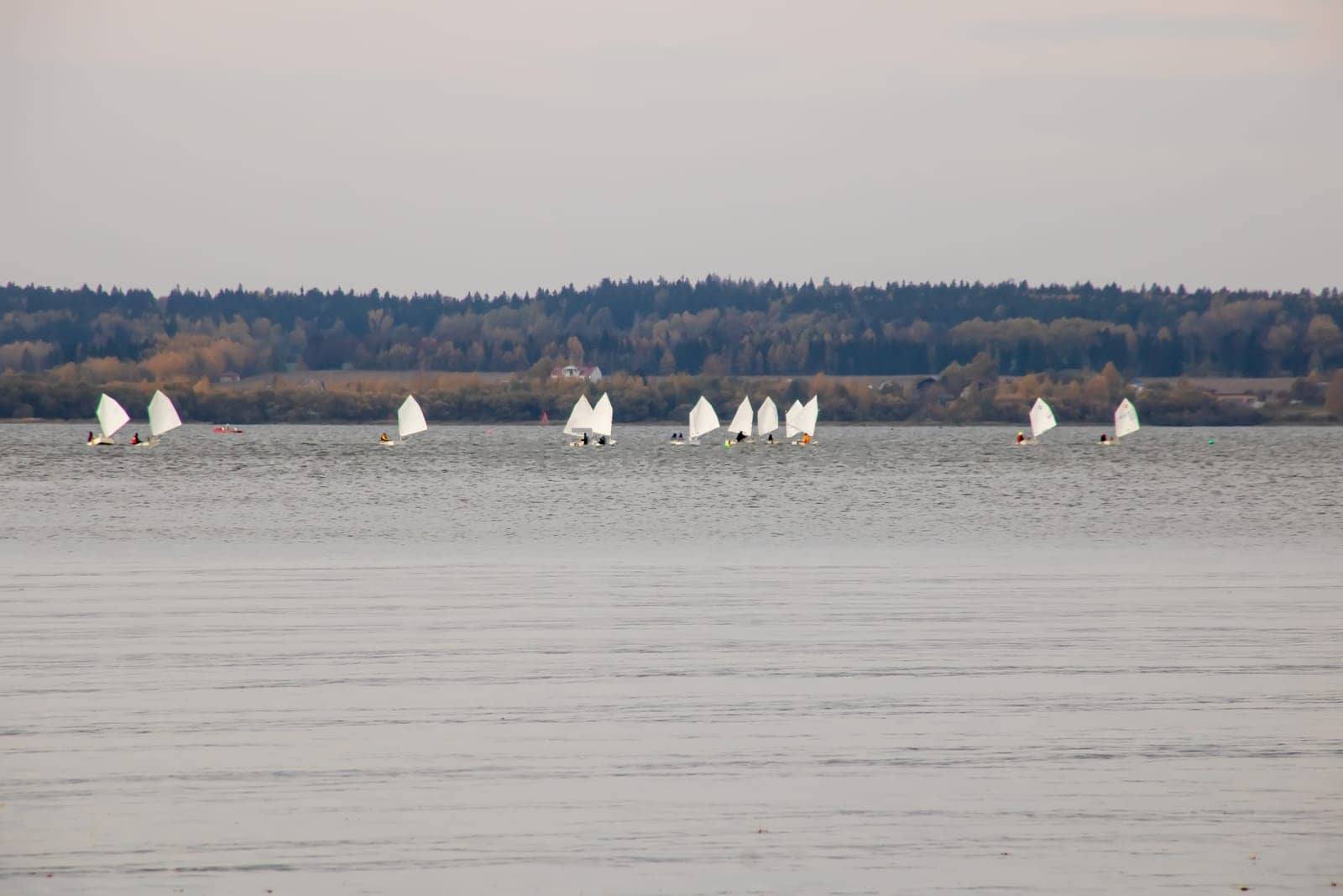 Boats with sails on the surface of the lake