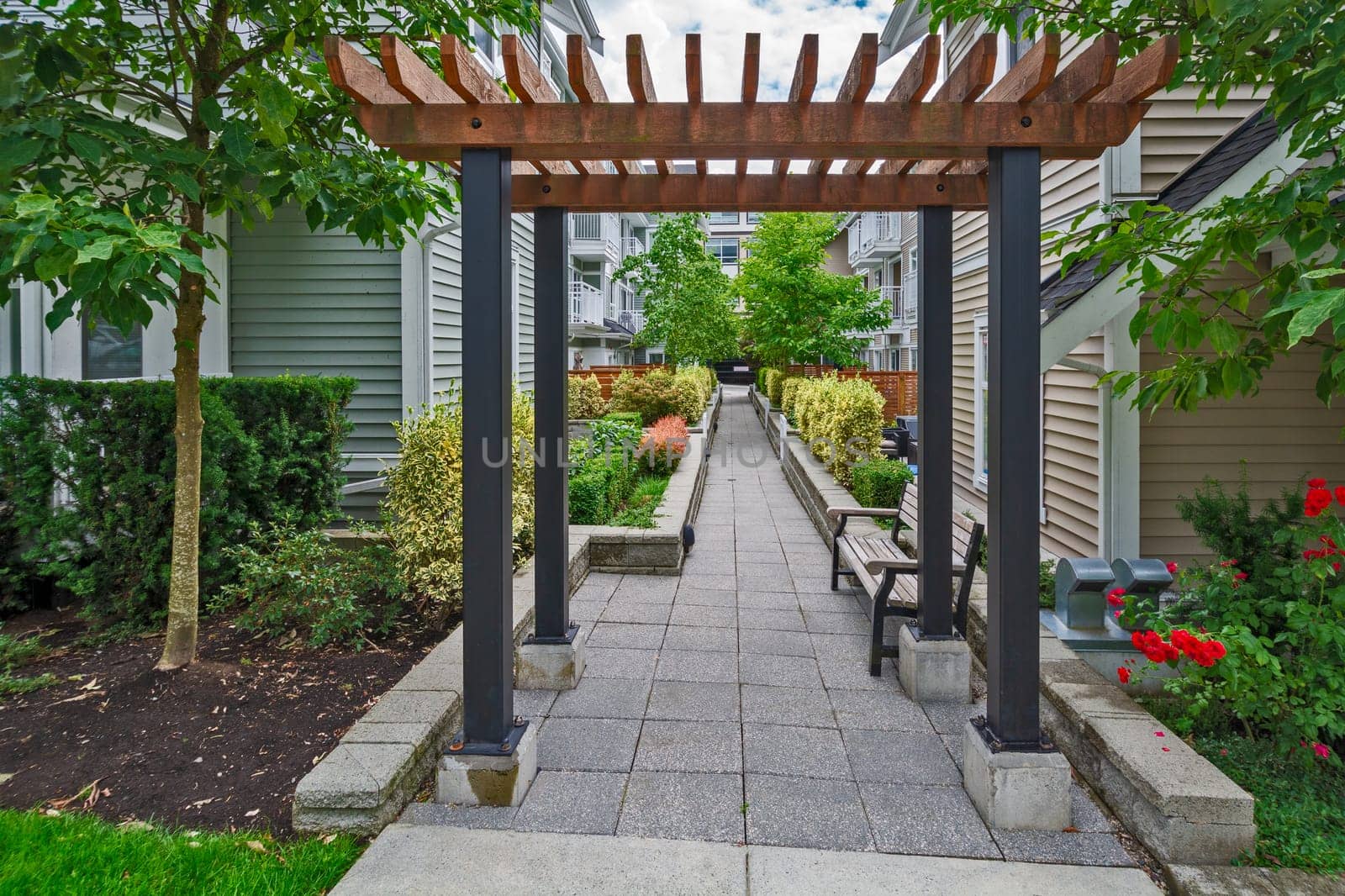 Quiet walkway in residential area between two rows of townhouses.