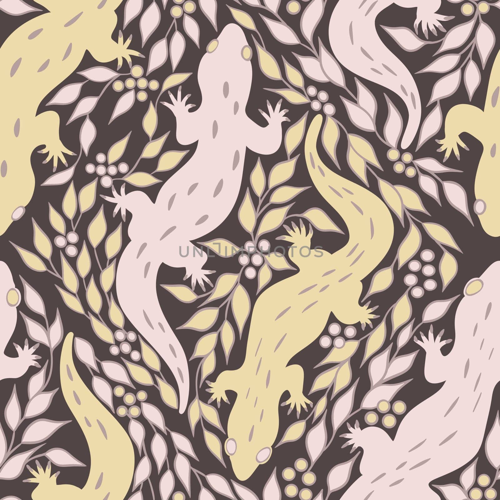 Hand drawn seamless pattern with beige brown pink gecko lizard, neutral pastel amphibian animal in folk ethnic style with berries leaves branches floral background, trendy nature theme. by Lagmar