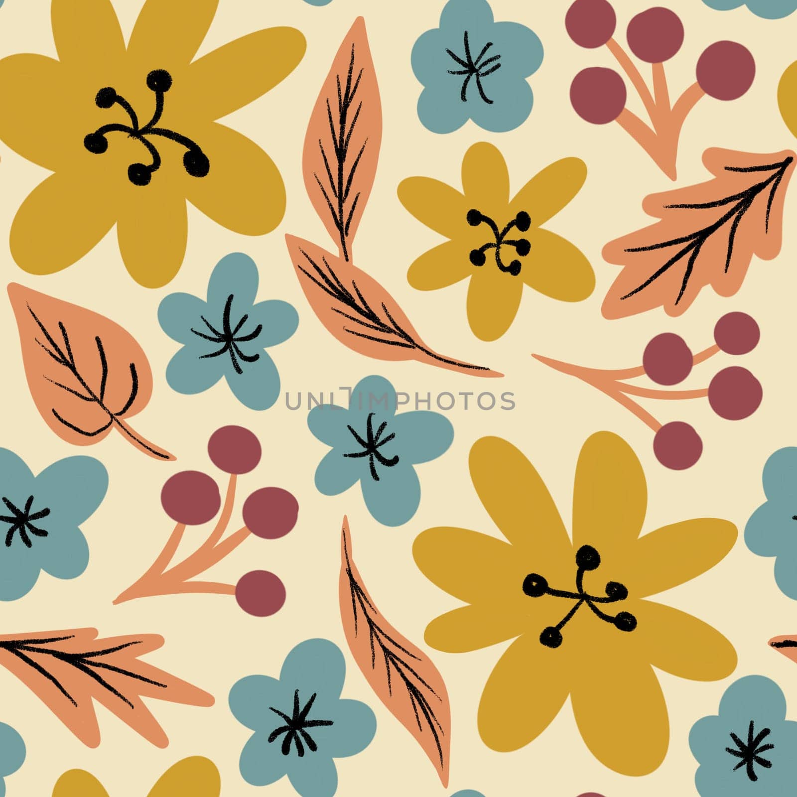 Hand drawn seamless pattern with floral flowers in yellow mustard, beige blue. Red berries, orange leaves, retro vintage 60s 50s style, mid century modern print for textile wrapping paper. Bold florals botanical decoration boho bohemian hippie style. by Lagmar