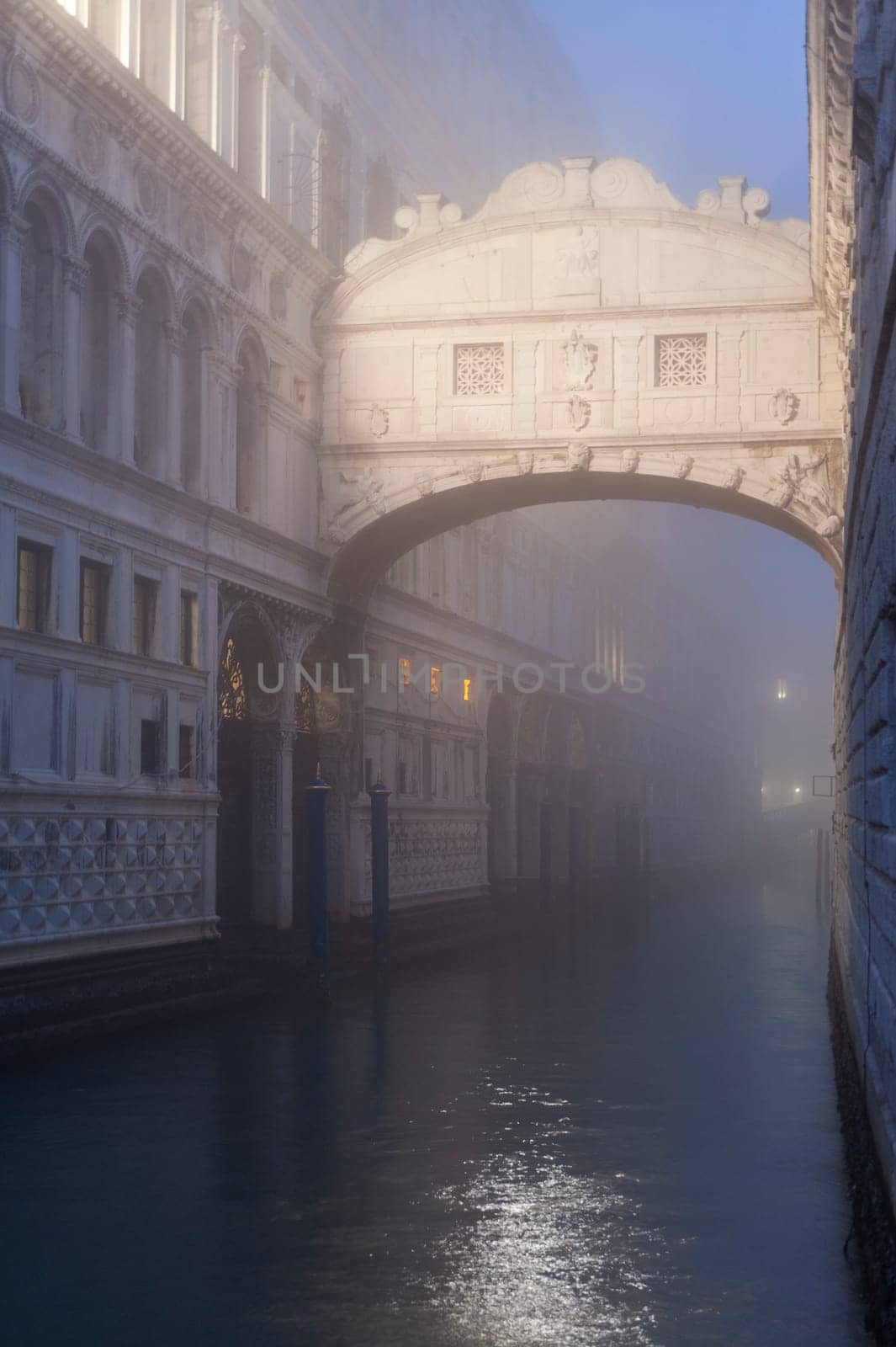 VENICE, ITALY - Febrary 17 2023: The Bridge of Sighs in the fog