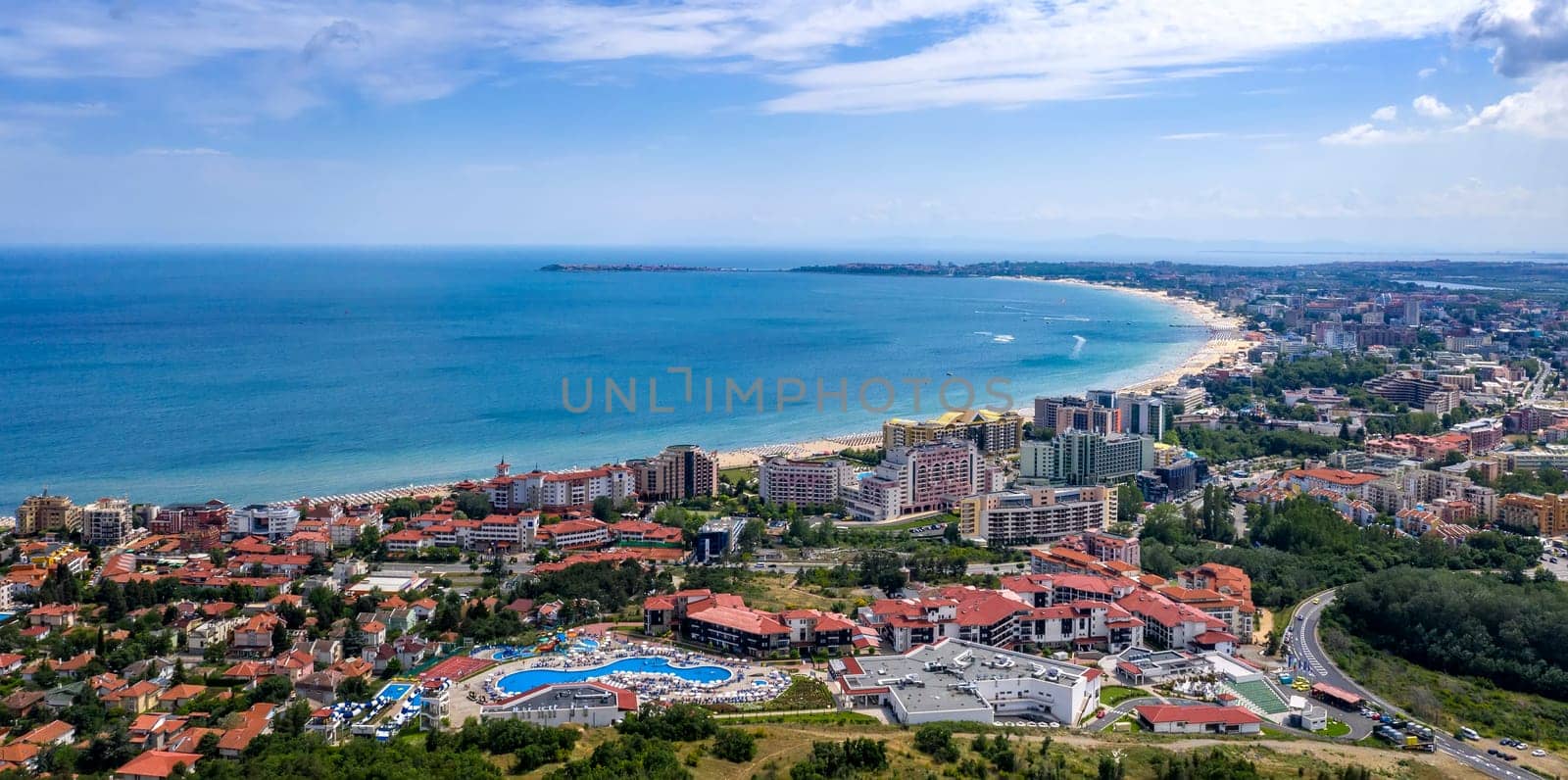 Aerial panorama drone view of bay Sunny Beach, and Sveti Vlas, Bulgaria by EdVal