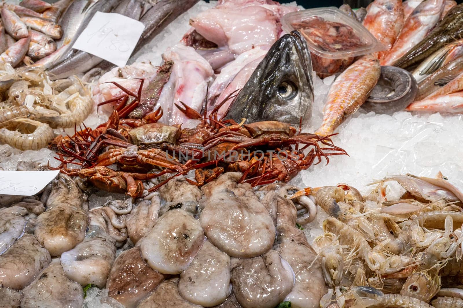 Fresh fish and seafood for sale at a market in Spain