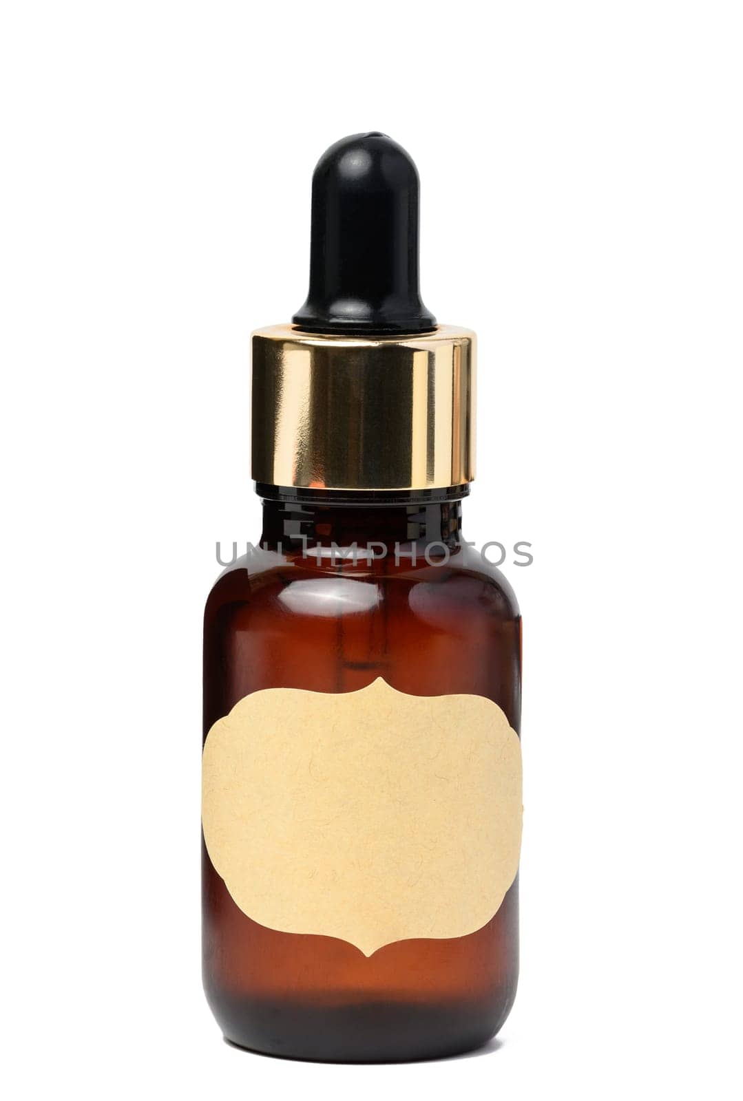 A glass brown bottle with a dropper on a white isolated background, a container for cosmetic products by ndanko