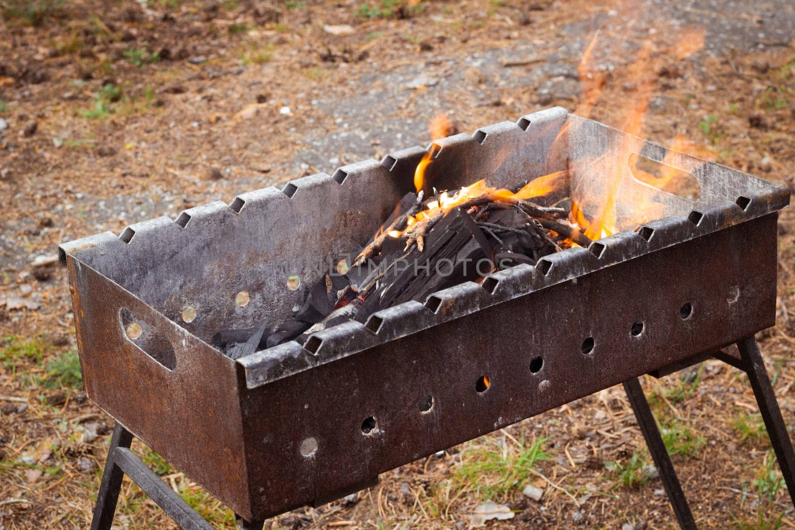 The flames are black coals in a metal grill. Outdoor recreation. food on the fire.