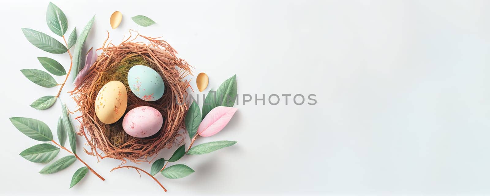 Easter poster and banner template with Easter eggs in the nest on white background with a copy of the place for the text. by FokasuArt