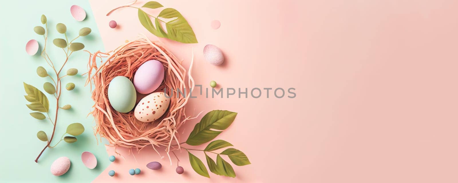 Easter poster and banner template with Easter eggs in the nest on pastel background with a copy of the place for the text. by FokasuArt