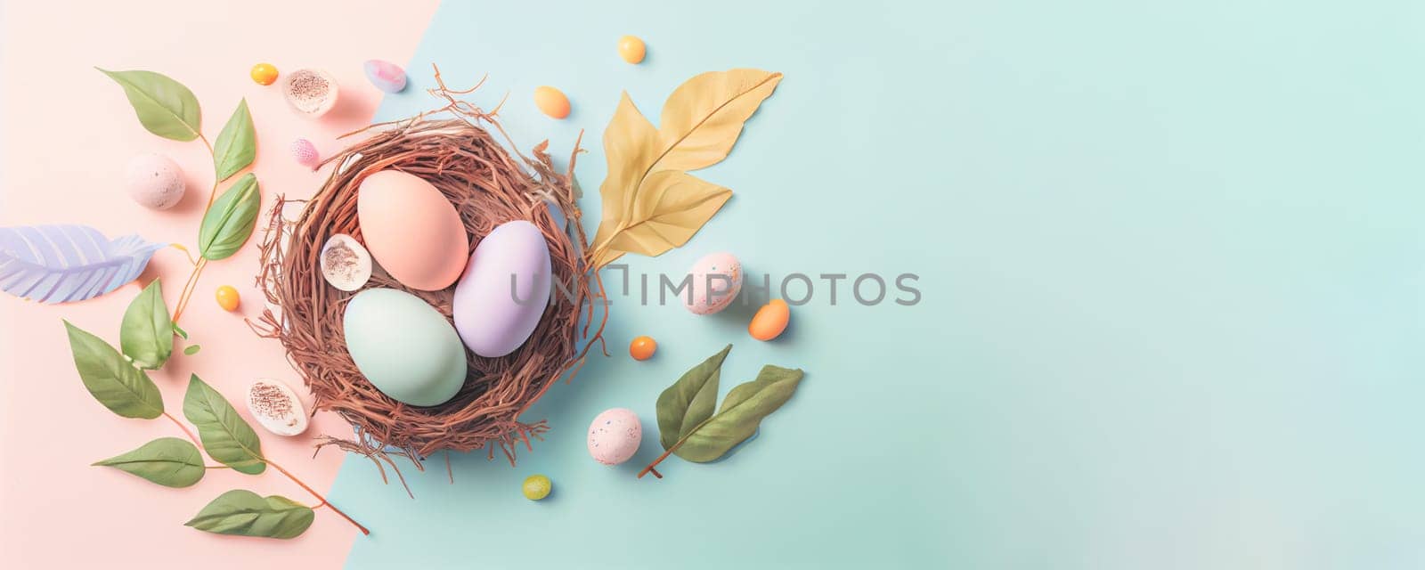 Easter poster and banner template with Easter eggs in the nest on pastel background with a copy of the place for the text. by FokasuArt