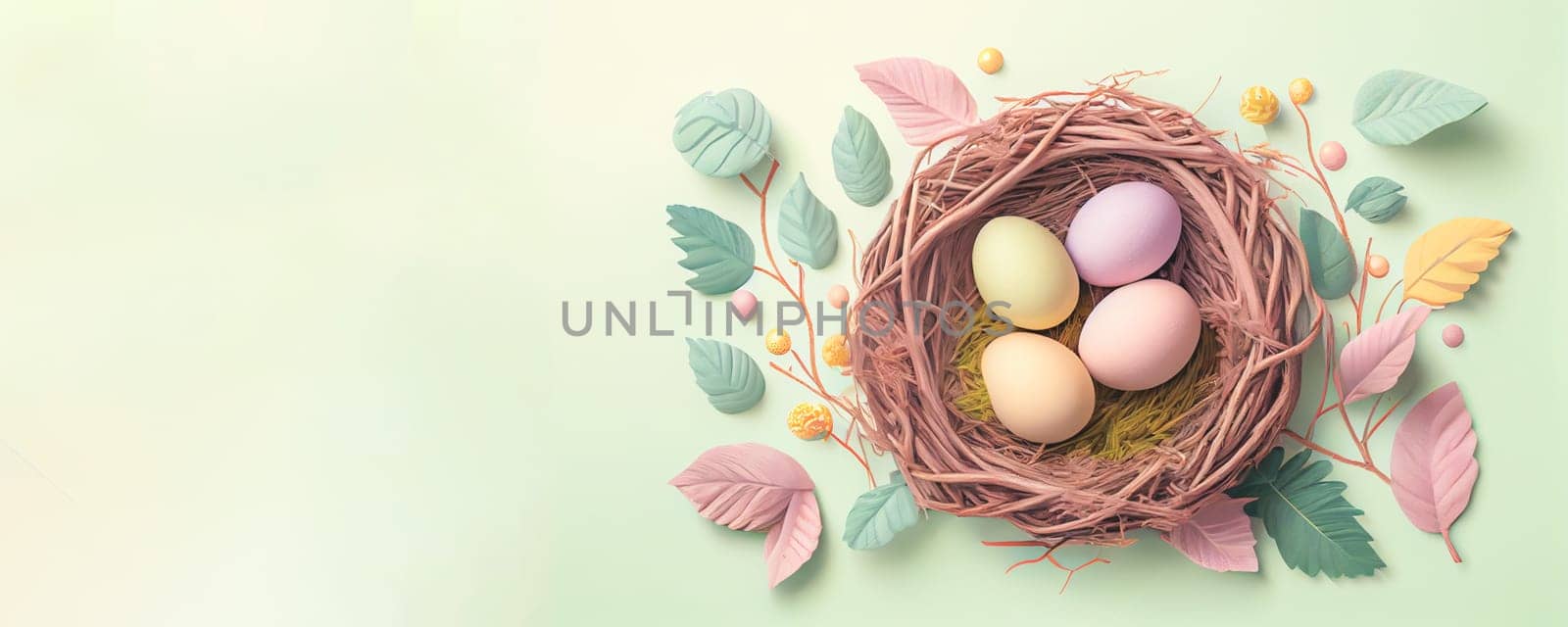 Easter poster and banner template with Easter eggs in the nest on green background with a copy of the place for the text. by FokasuArt