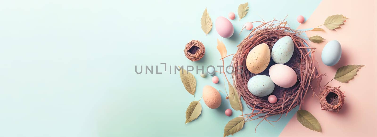 Easter poster and banner template with Easter eggs in the nest on pastel background with a copy of the place for the text. by FokasuArt