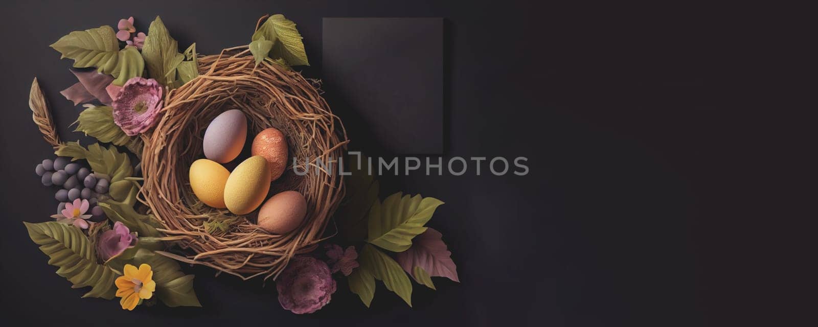 Easter poster and banner template with Easter eggs in the nest on dark background with a copy of the place for the text. by FokasuArt