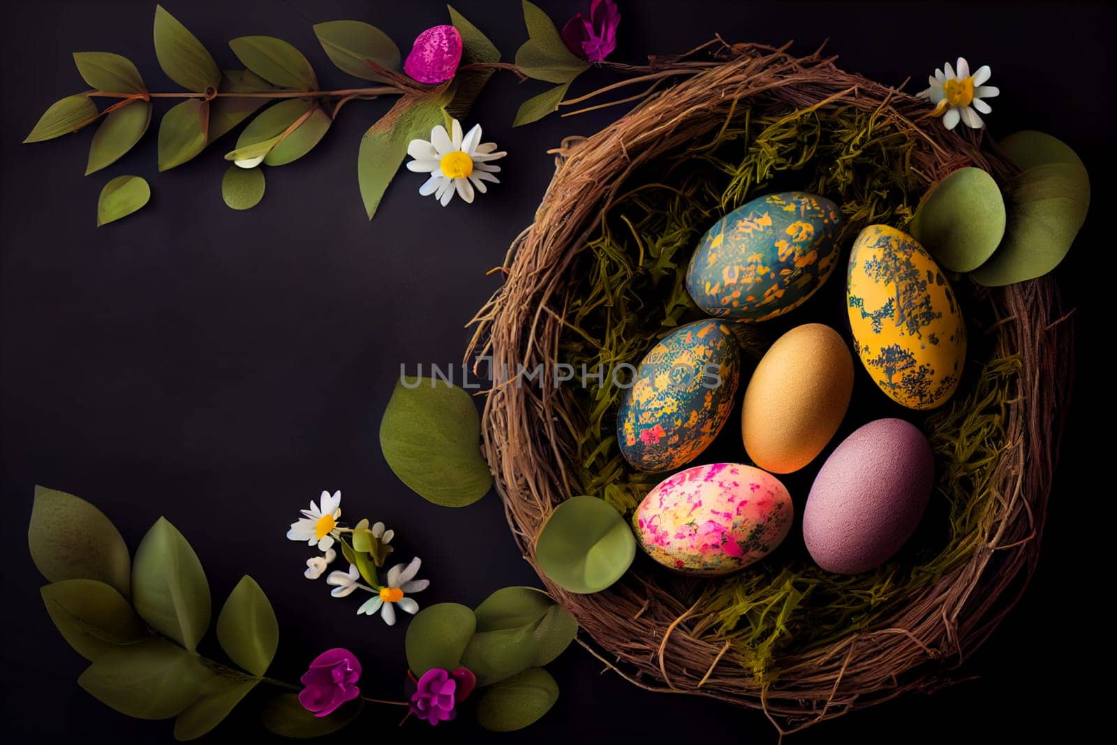 Easter poster and banner template with Easter eggs in the nest on dark background with a copy of the place for the text.