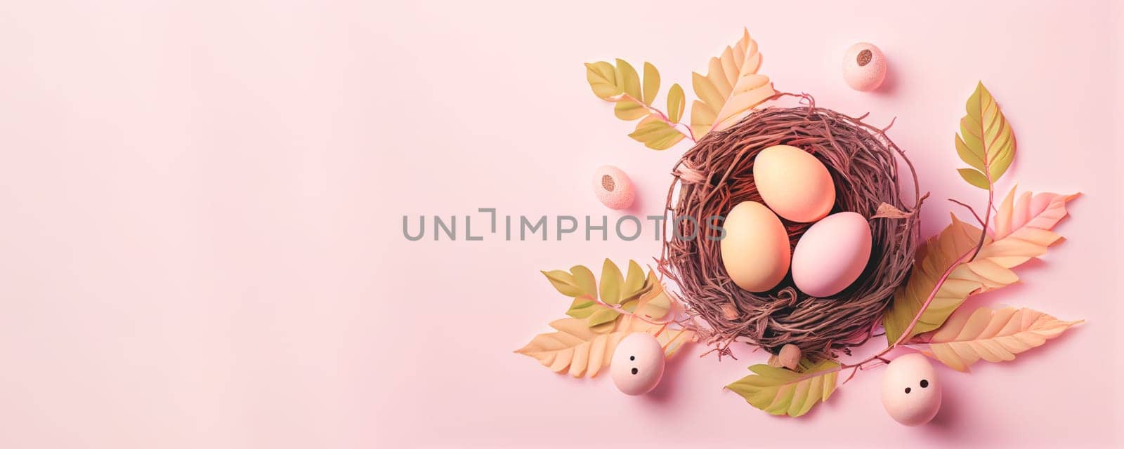 Easter poster and banner template with Easter eggs in the nest on light pink background with a copy of the place for the text. by FokasuArt