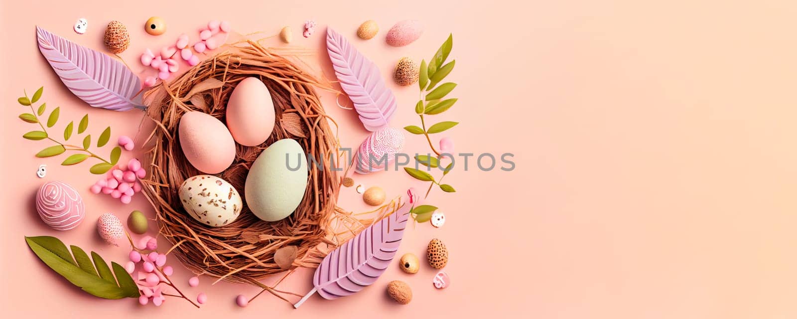 Easter poster and banner template with Easter eggs in the nest on light pink background with a copy of the place for the text.