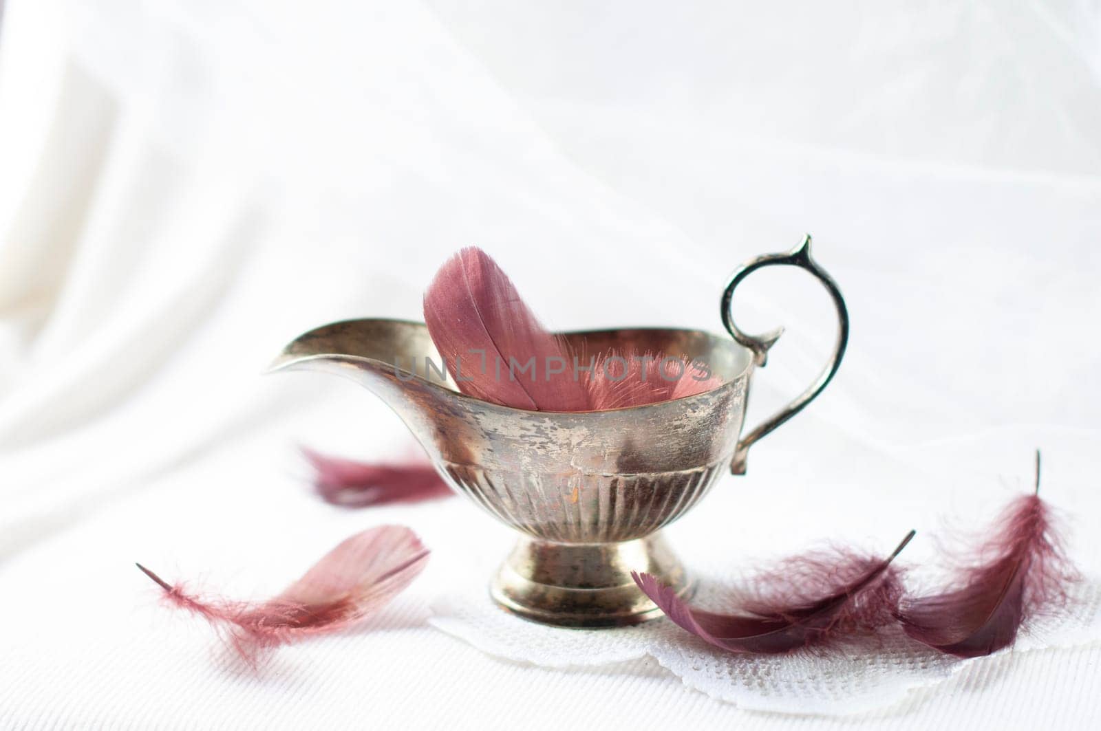vintage silver gravy boat on a white background with purple feathers artistic still life, reference, High quality photo