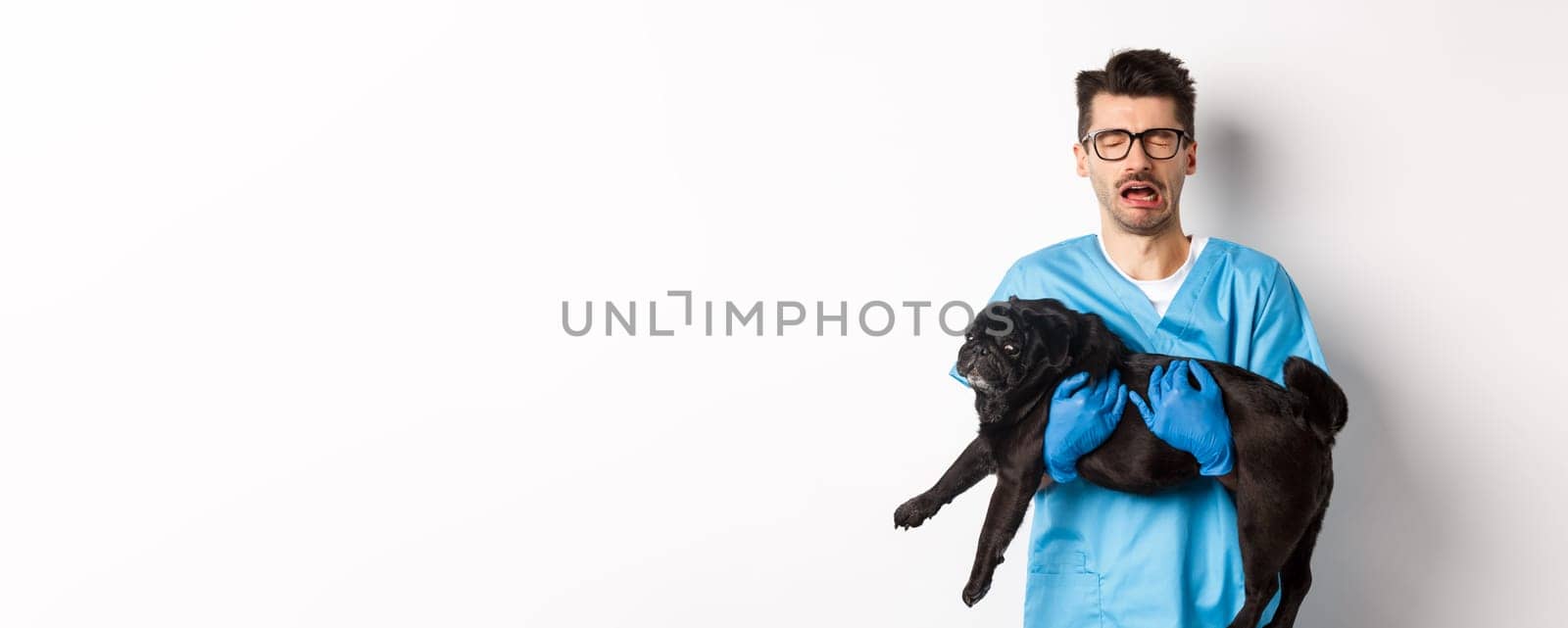 Vet clinic concept. Sad veterinarian holding black pug dog and crying, sobbing with miserable face, standing over white background by Benzoix
