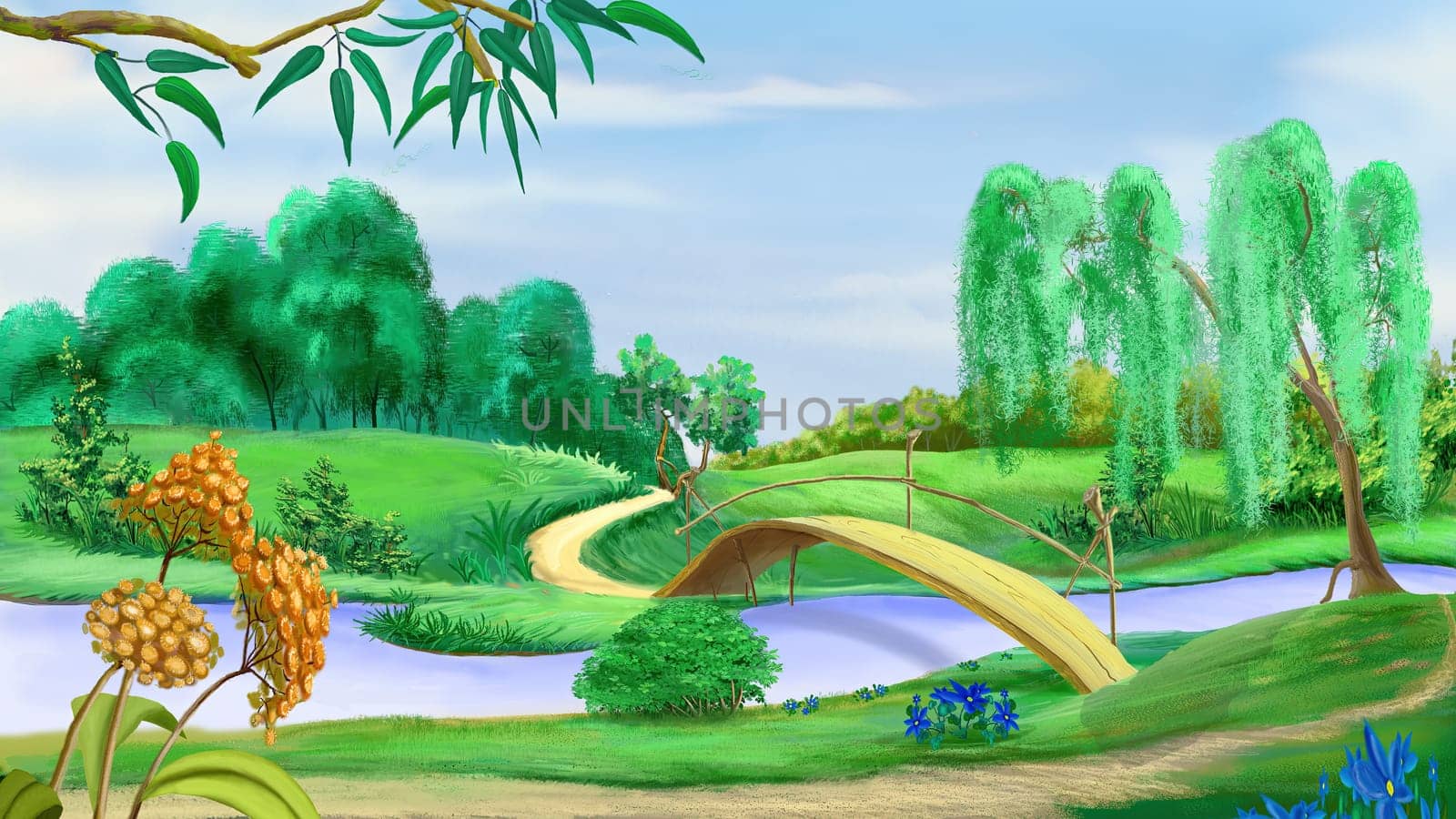 Wooden bridge across the river on a sunny summer day. Digital Painting Background, Illustration.