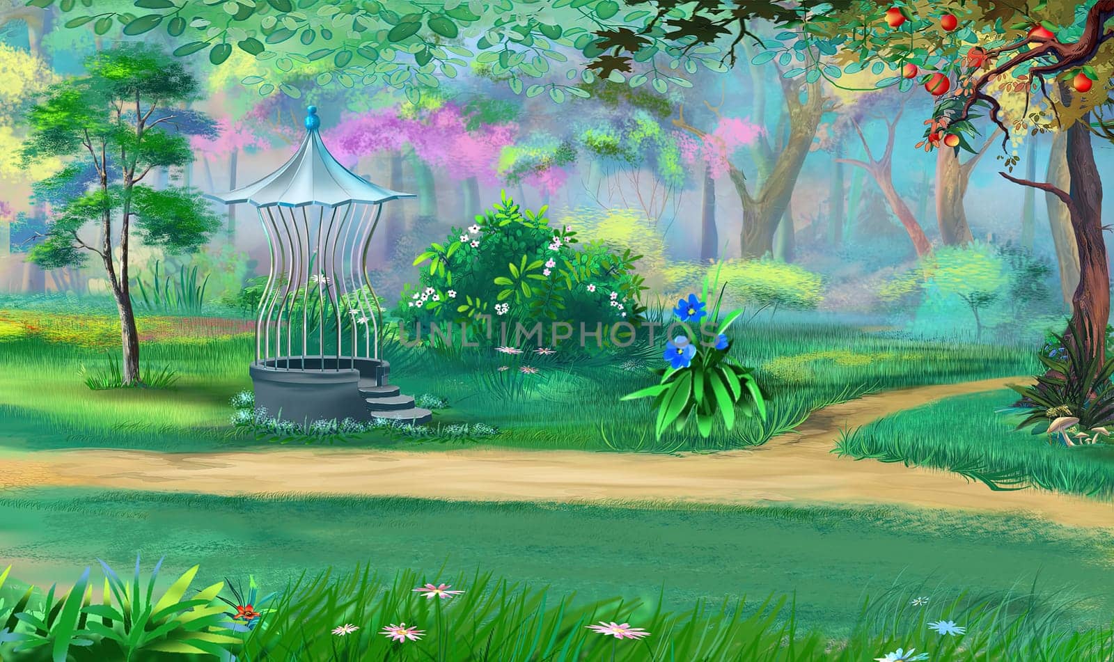 Openwork gazebo in a blooming summer garden. Digital Painting Background, Illustration.