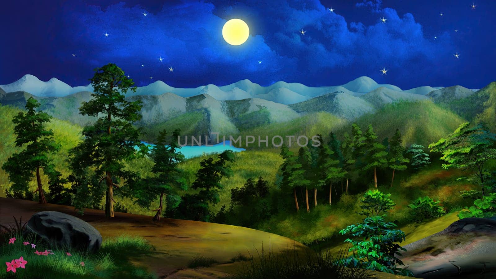 Lake in the forest on a summer night. Digital Painting Background, Illustration.