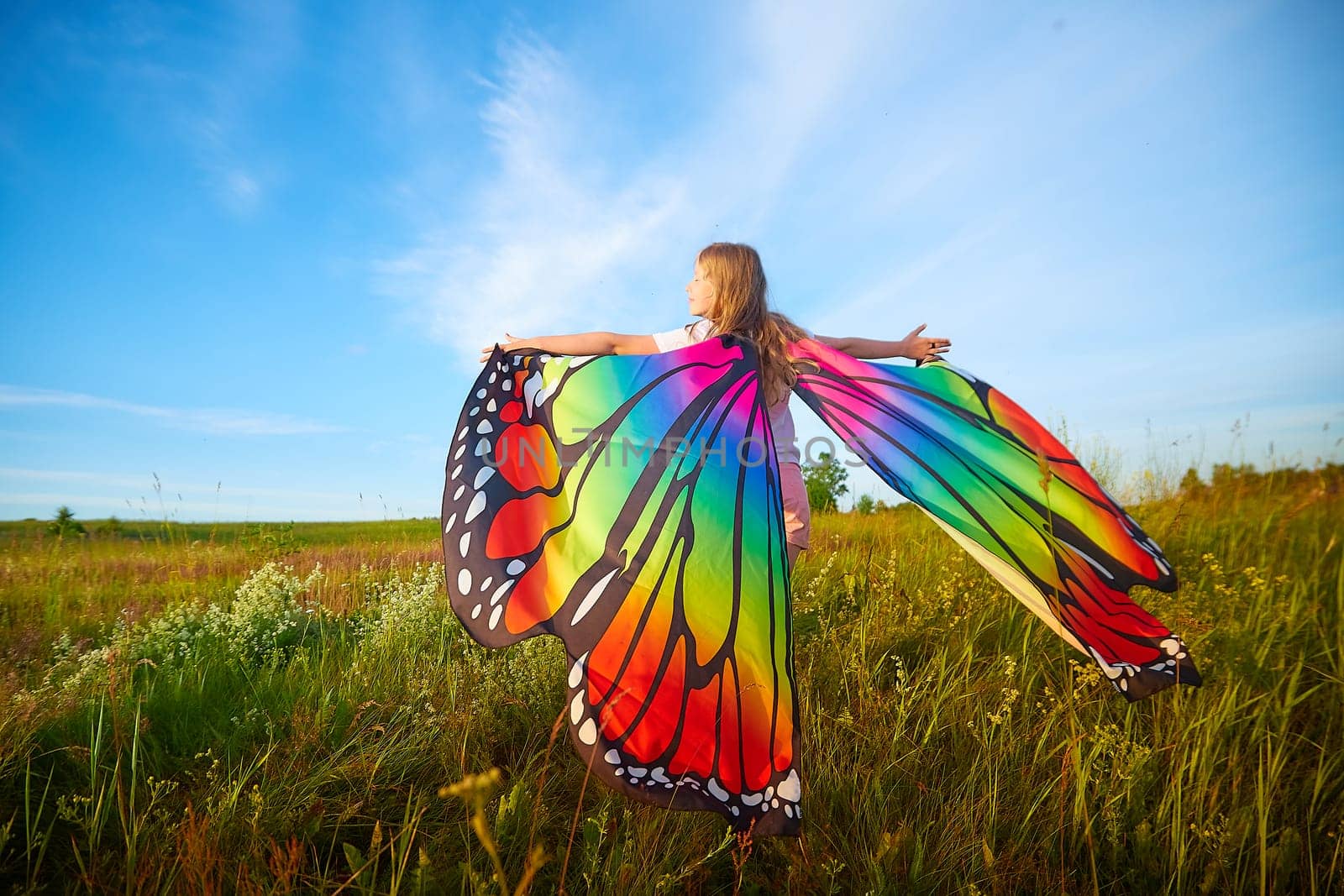 Pretty blonde girl with bright butterfly wings having fun in meadow on natural landscape with grass and flowers on sunny summer day. Portrait of teenage child in spring season outdoors on field