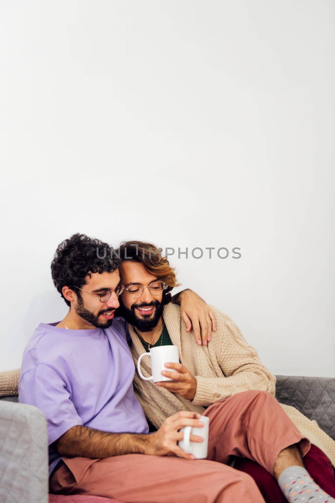 couple of gay men smile and hug each other relaxed on the sofa at home, concept of real people lifestyle at home, copy space for text