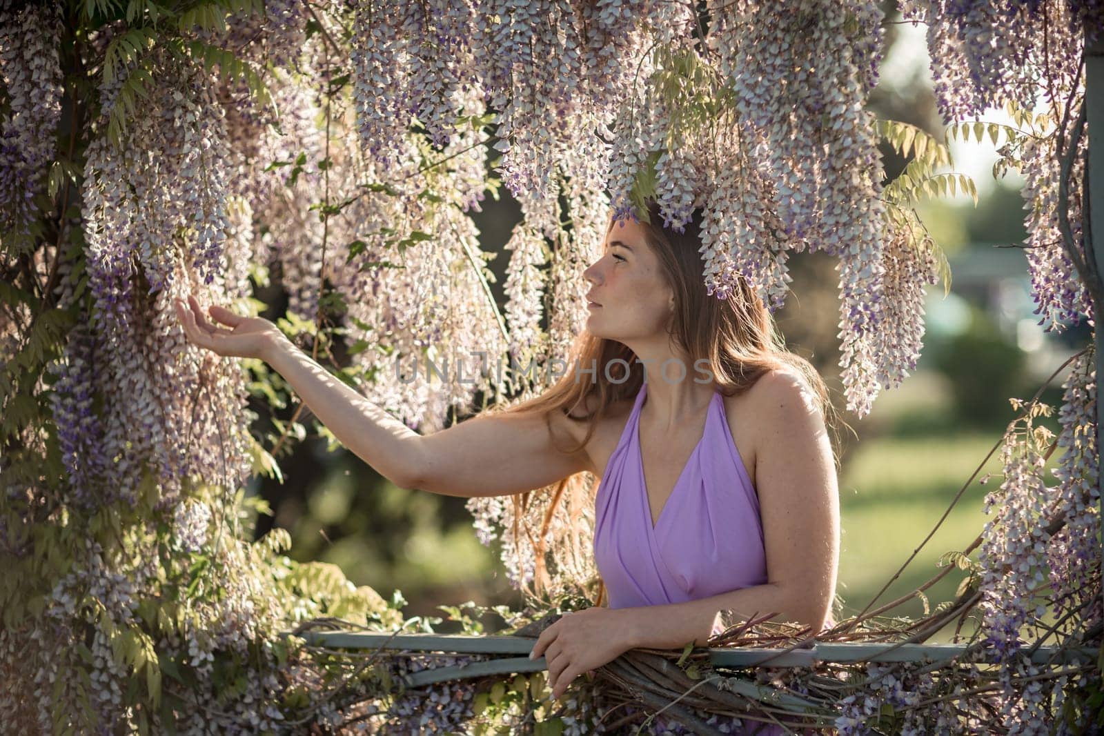 Woman wisteria lilac dress. Thoughtful happy mature woman in purple dress surrounded by chinese wisteria by Matiunina