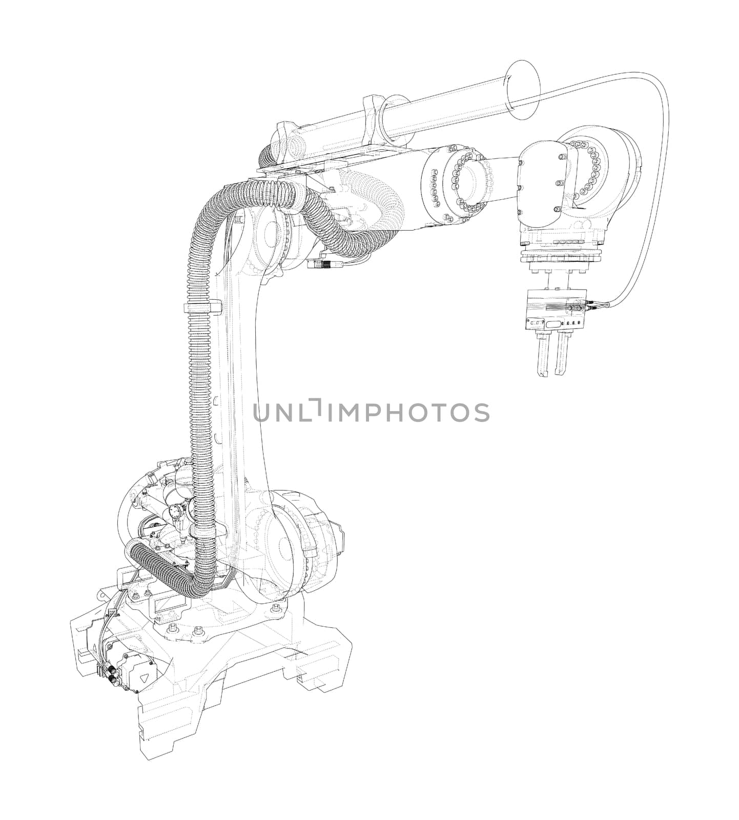 Industrial robot manipulator. 3d illustration in sketch style or blueprint