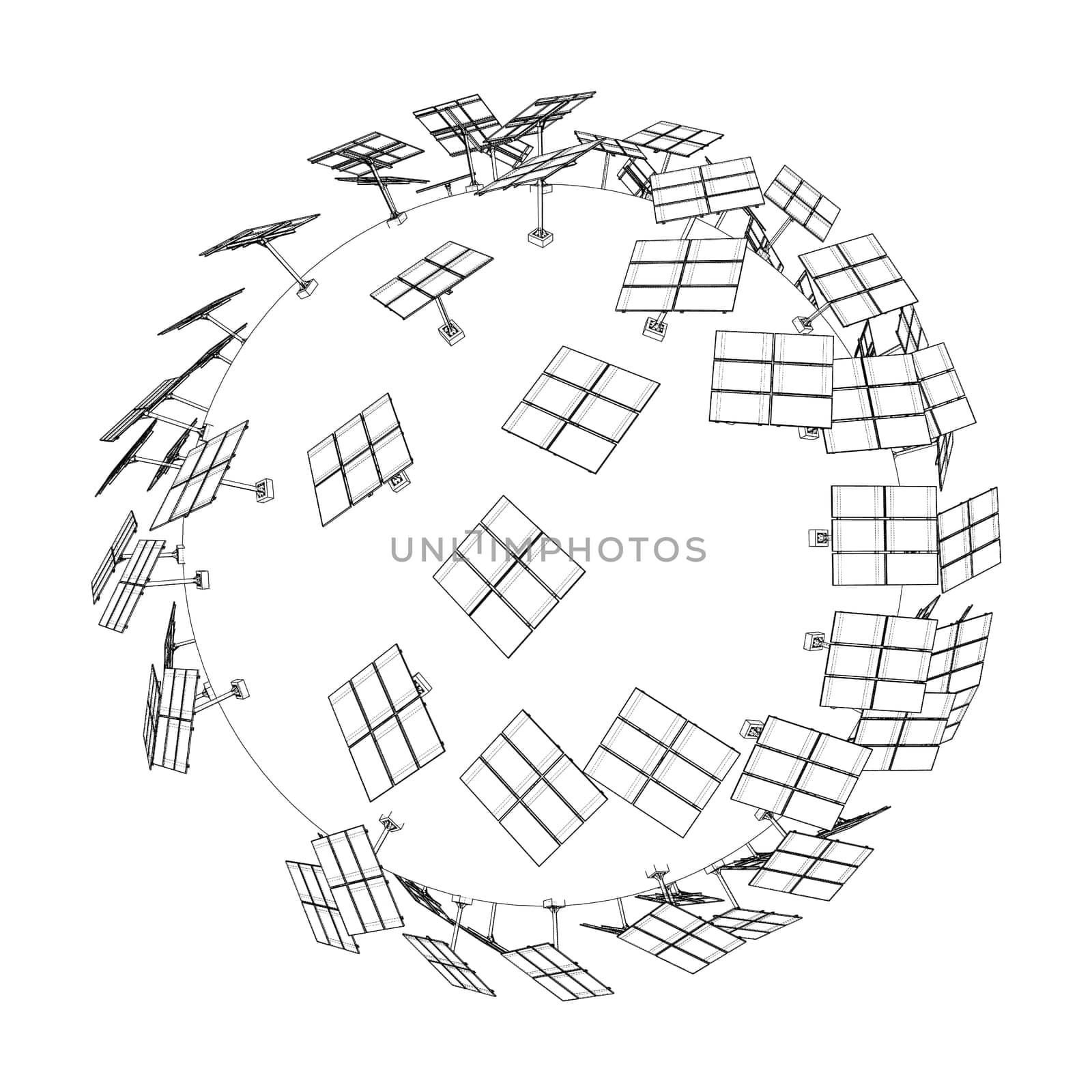 Solar Panels on Earth Concept. 3d illustration. Wire-frame style