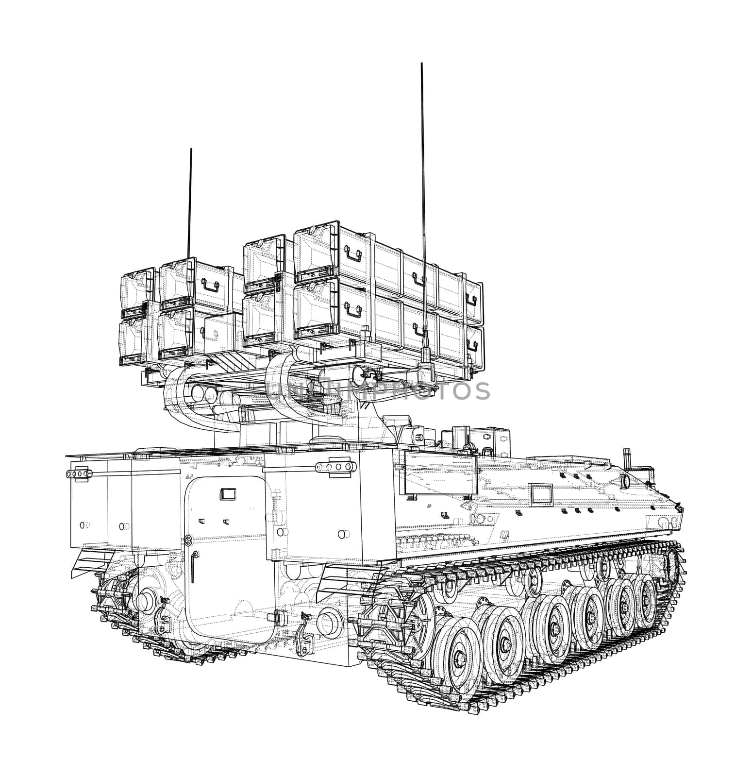 Military track missle system. 3d illustration. Wire-frame style