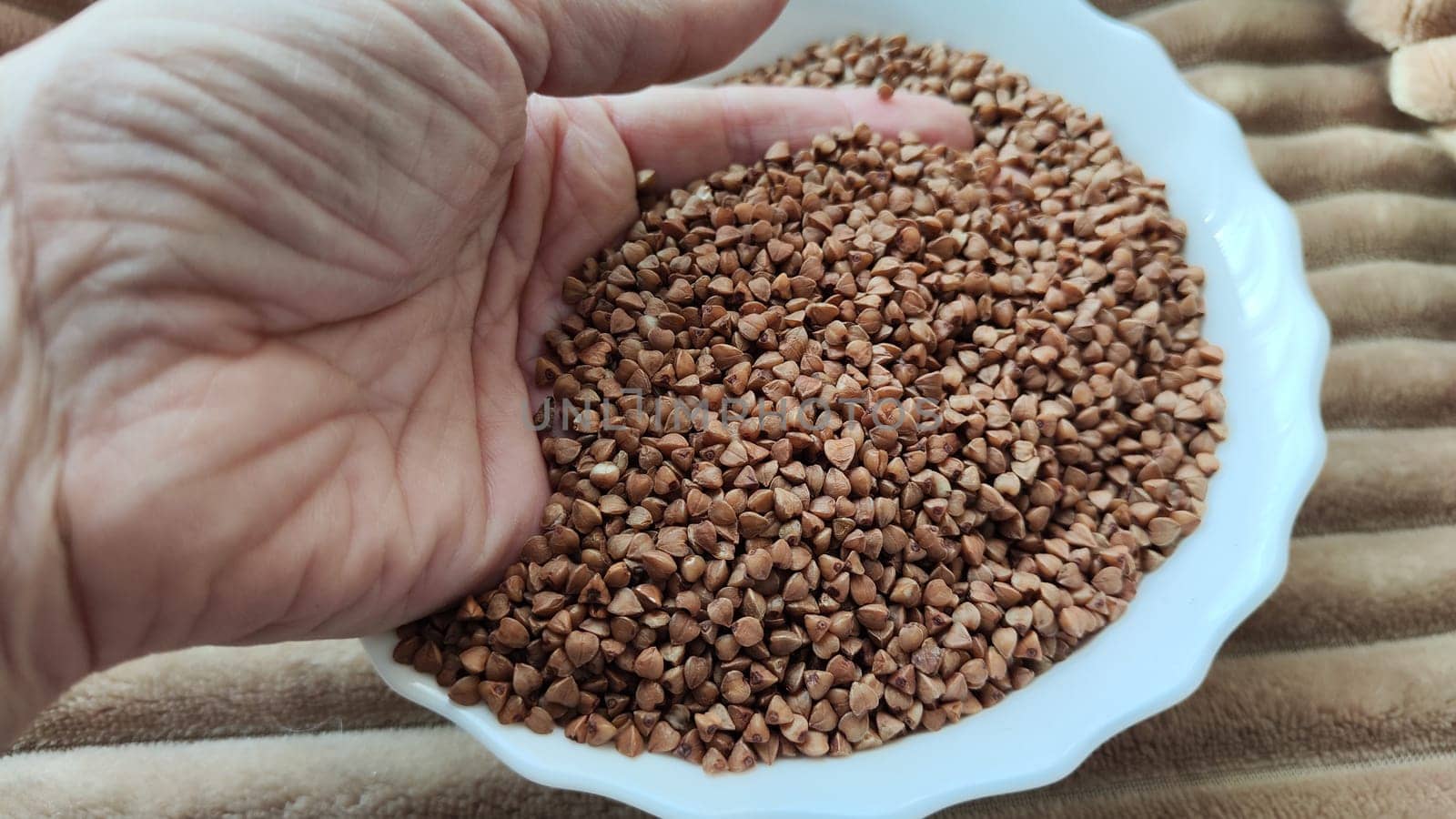 White plate with brown buckwheat and hand of woman in it. Brown buckwheat groats for background and textur. Partial focus