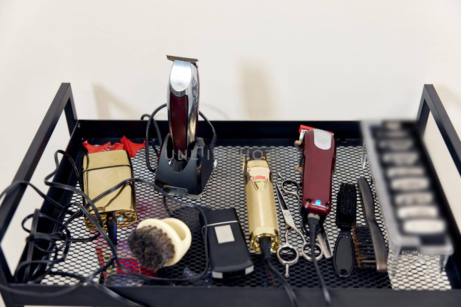 different shaving accessories and tools of barber shop