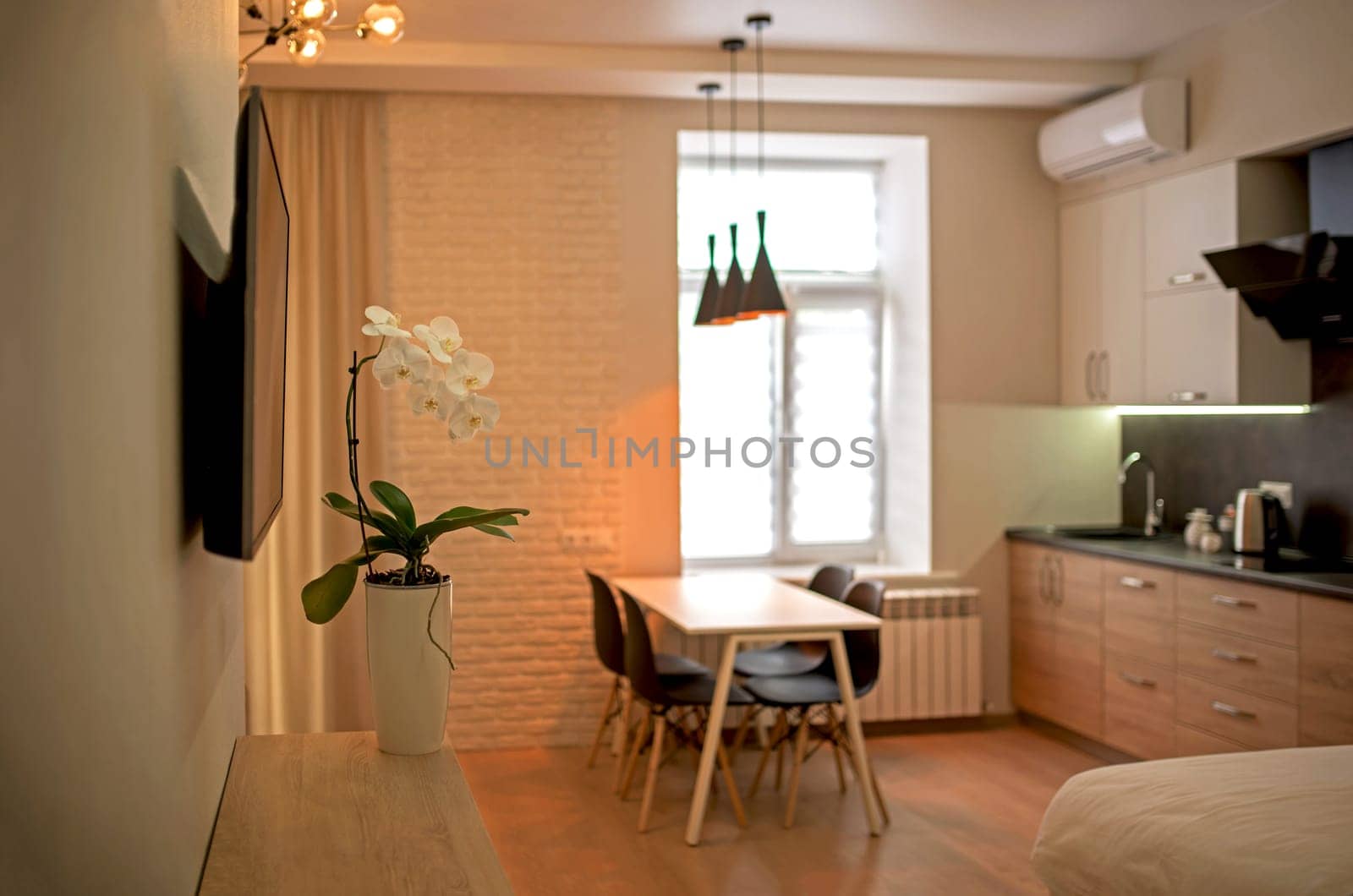 interior of modern studio living room, table and chairs