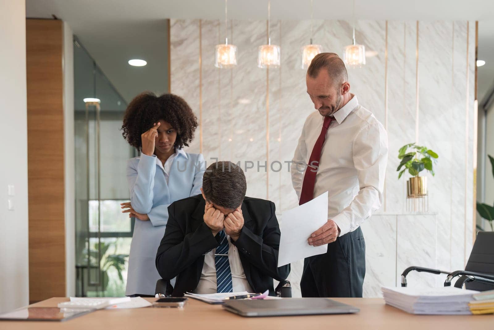 Stressed overwhelmed businesspeople feels tired at corporate meeting, exhausted businesspeople suffering from headache touching temples at team briefing, stress at meeting room.