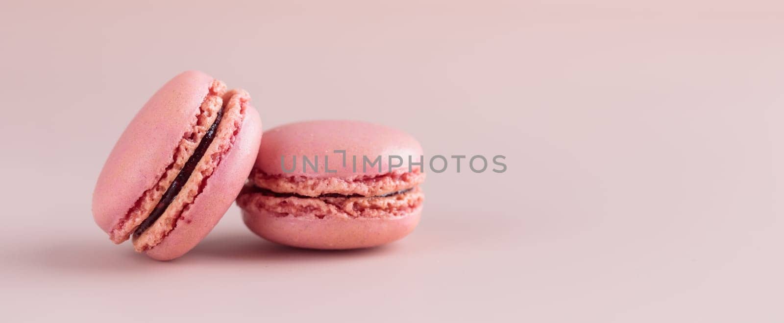 Two pink colored macaroons on pink background. Gift for 8 March, International Women's Day, Valentine Day. Horizontal banner with copyspace