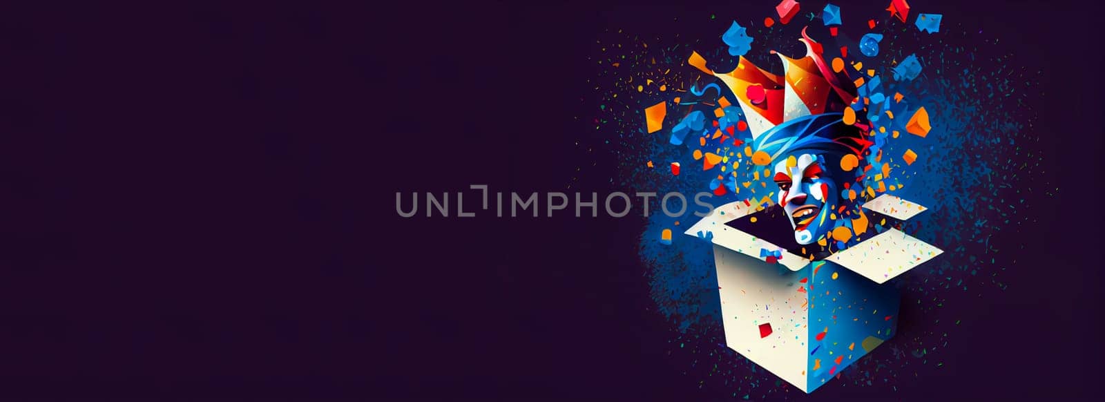 Jack in the Box with confetti, jester hat. April fool day concept with box surprise. Banner 3D illustration with a copy of the place for the text.
