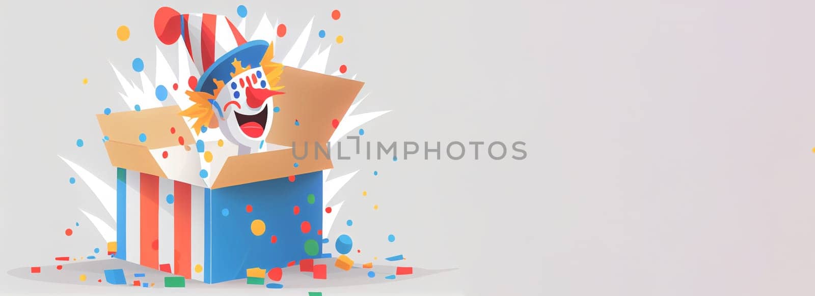 Jack in the Box with confetti, jester hat. April fool day concept with box surprise. Banner 3D illustration with a copy of the place for the text.
