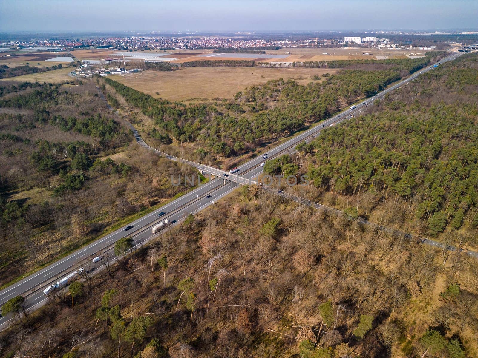 Aerial view of diseased forest with damaged trees through which highway runs, Germany