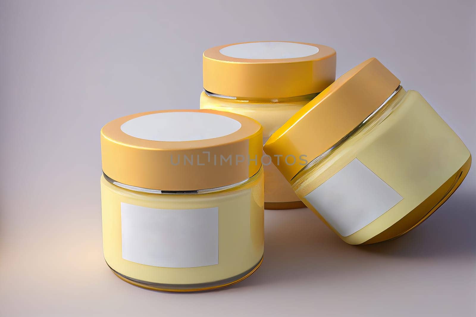 Three yellow jars of cream lie on a white background. Mock up. Ai generative