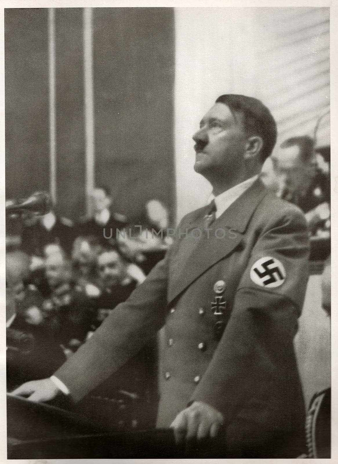 BERLIN, GERMANY - JANUARY 30, 1939: Hitler speaks to the Reichstag on the Jewish Question. Reproduction of antique photo.