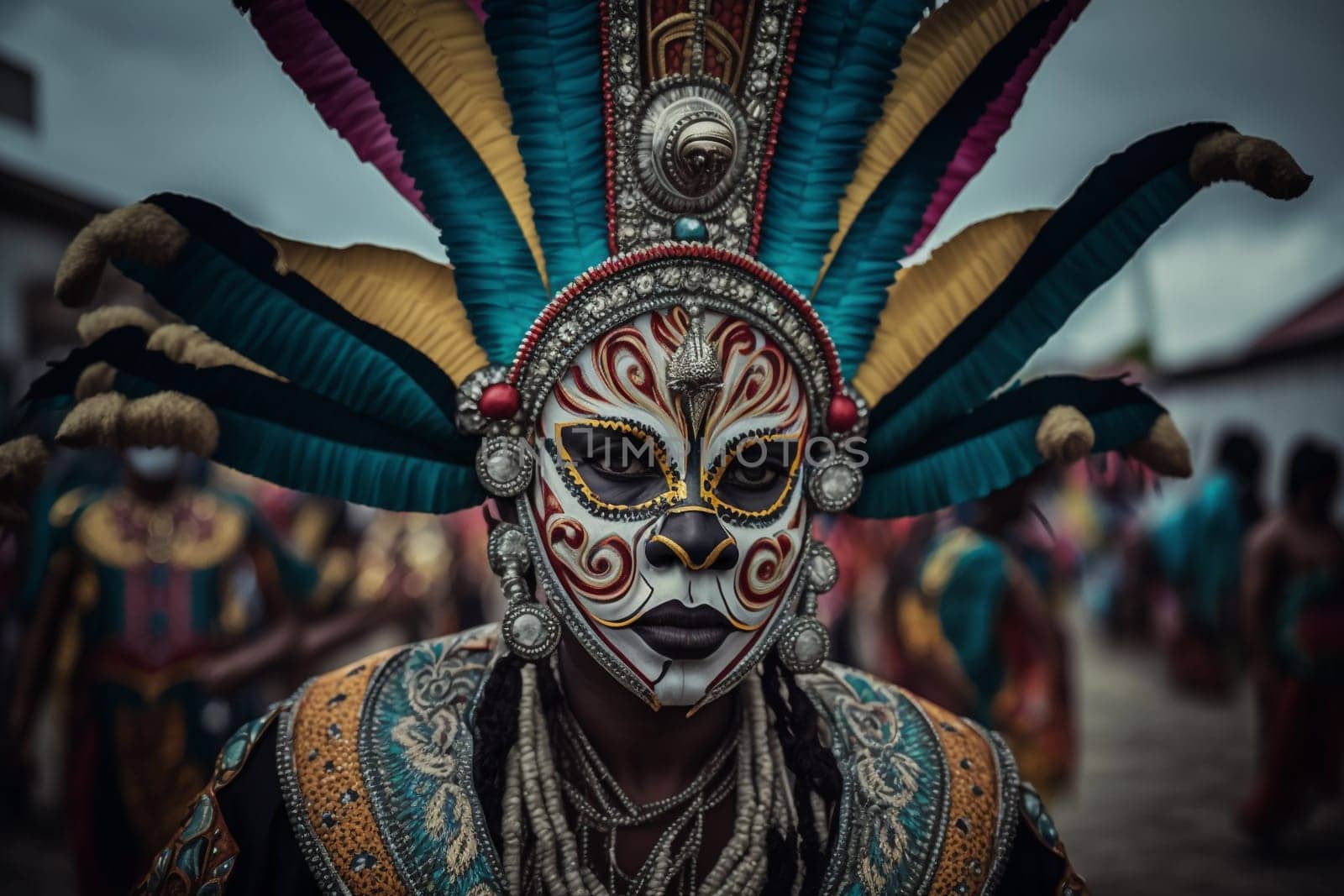 Colombian festival, masks, authentic local outfits, big boots, bright colors, slashed faces. carnival. High quality 3d illustration. Generative AI
