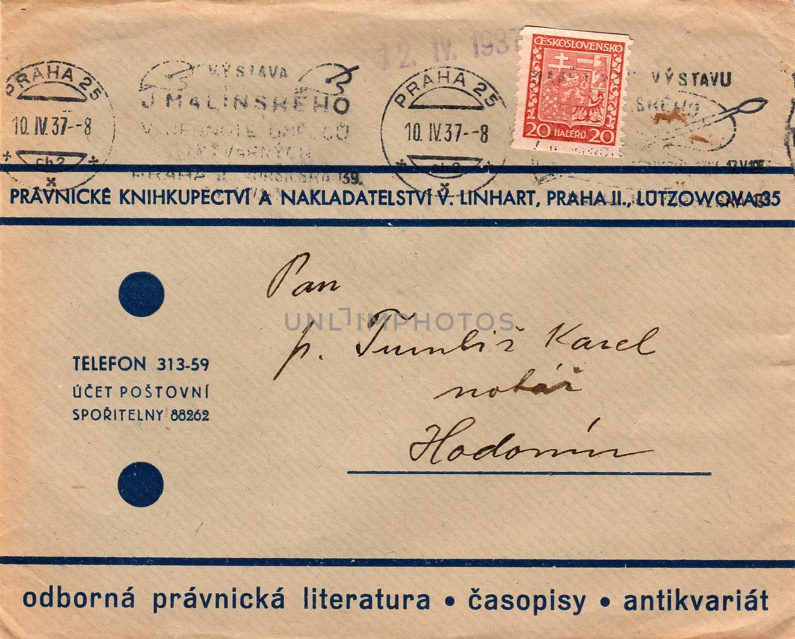 THE CZECHOSLOVAK REPUBLIC - APRIL 10, 1937: A vintage used envelope and stamp. Rich stain and paper details. Can be used as background.