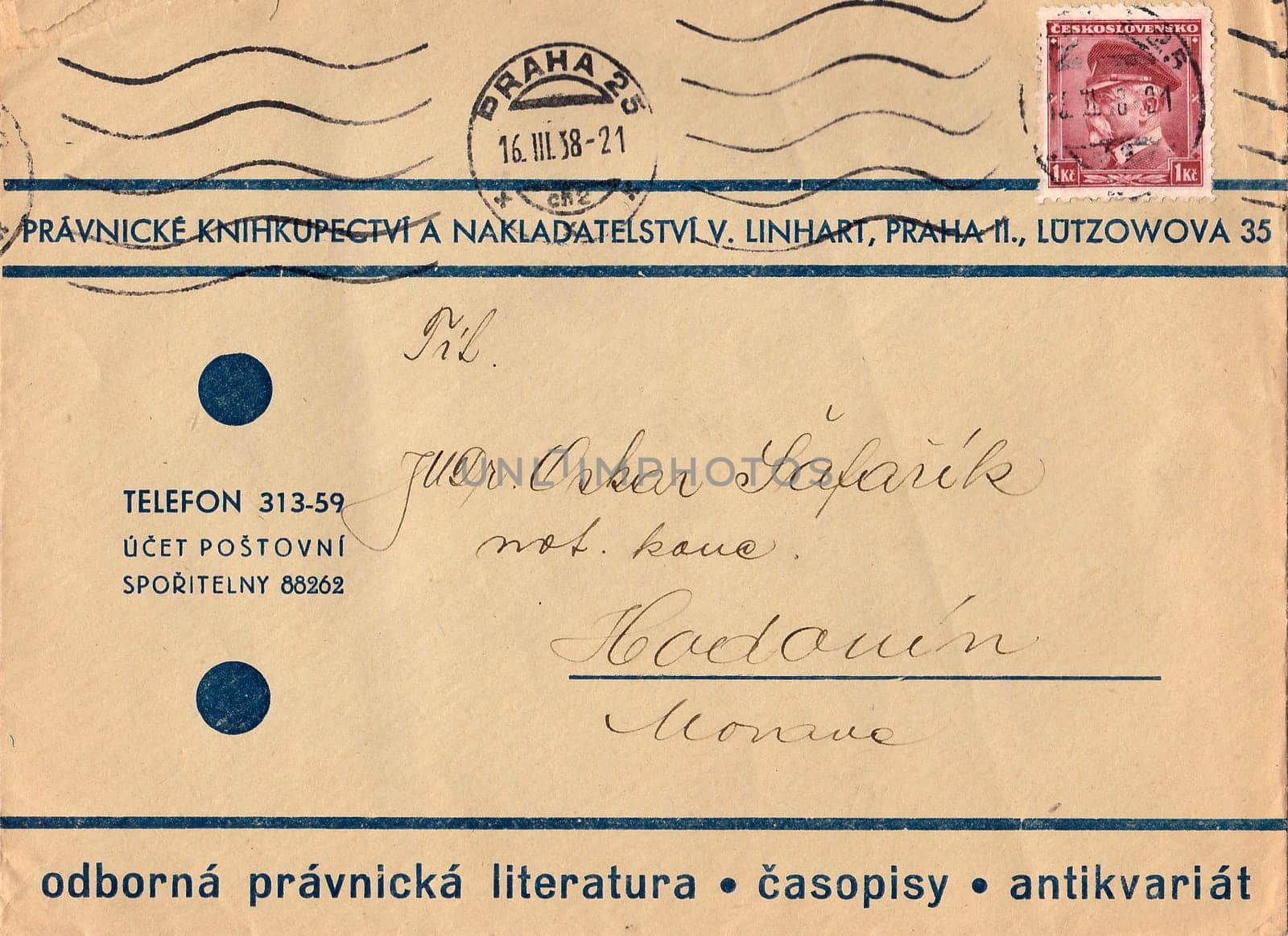 THE CZECHOSLOVAK REPUBLIC - APRIL 10, 1937: A vintage used envelope and stamp. Rich stain and paper details. Can be used as background.