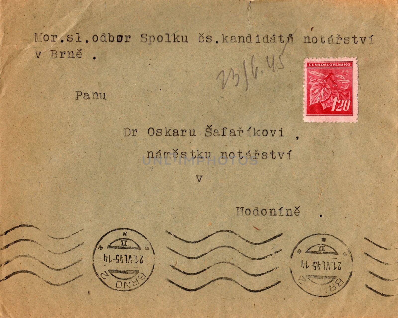 THE CZECHOSLOVAK REPUBLIC - JUNE 10, 1945: A vintage used envelope and stamp. Rich stain and paper details. Can be used as background.